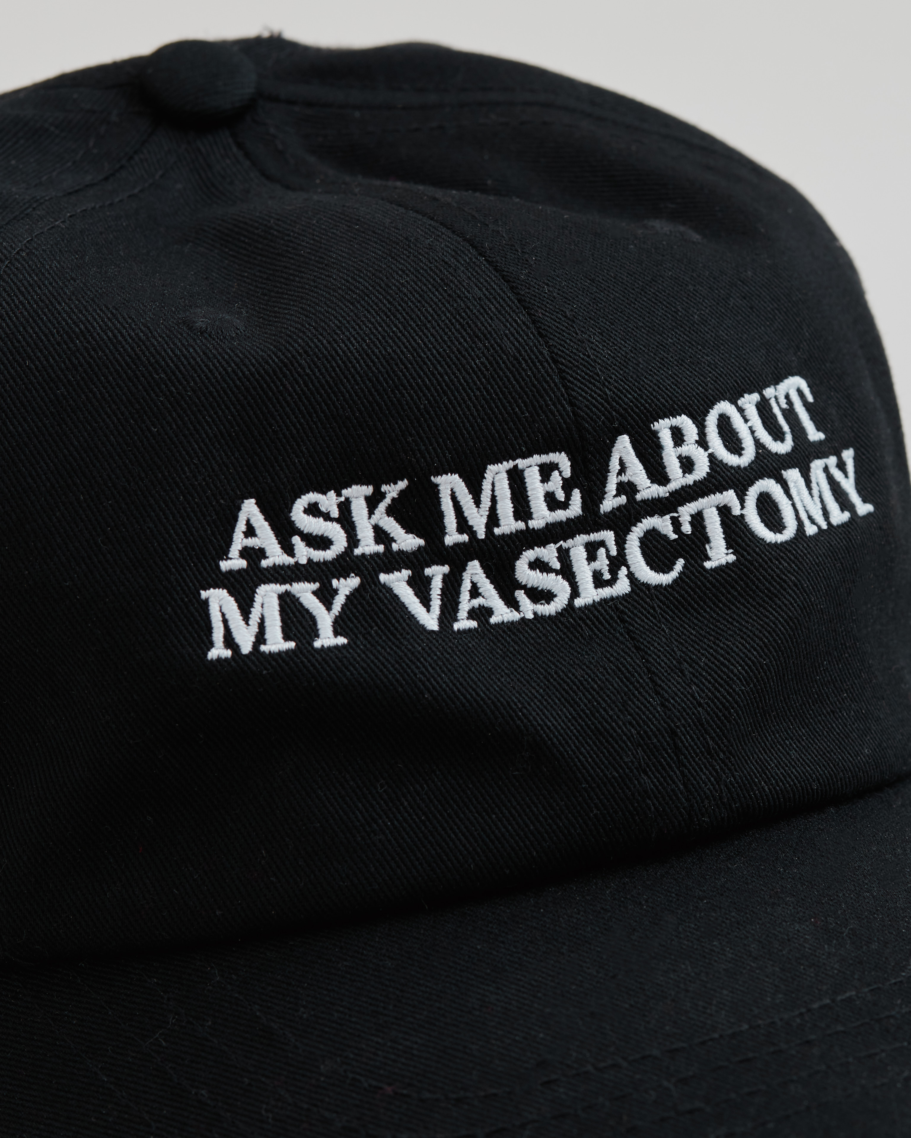 Ask Me About My Vasectomy dad cap close-up