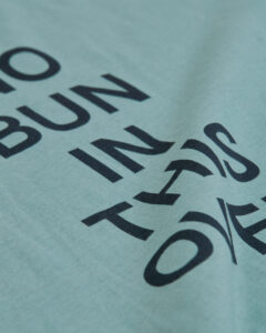 Heather blue No Bun in this Oven t-shirt close-up